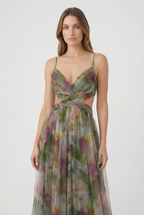 Women's floral maxi dress, close-up of cross-front neckline