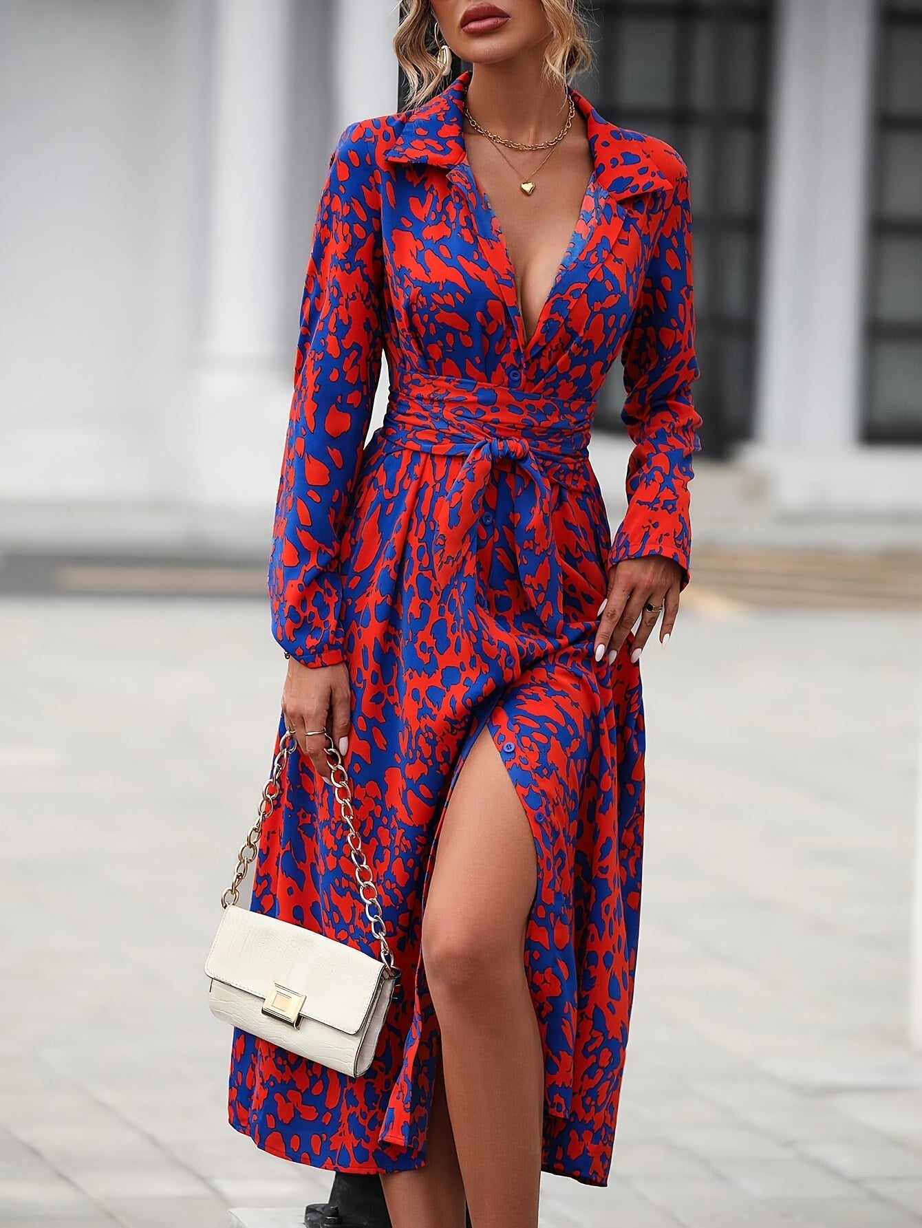 Women's smart casual geometric shirt dress with flowing silky fabric, back view