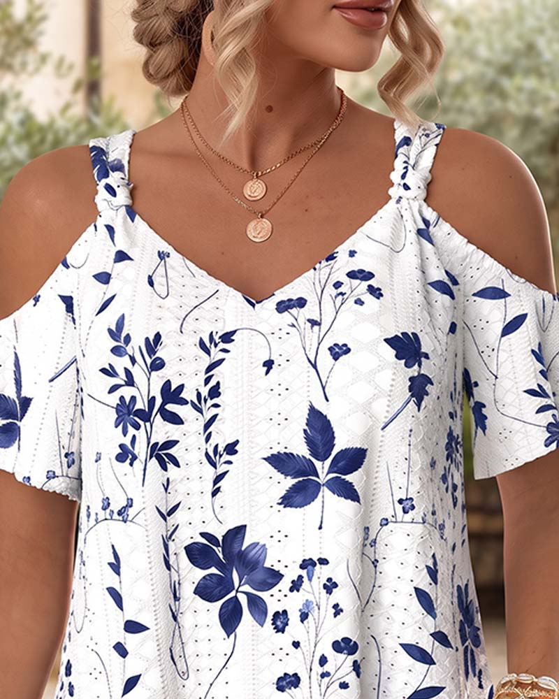 Off-shoulder floral T-shirt, back view