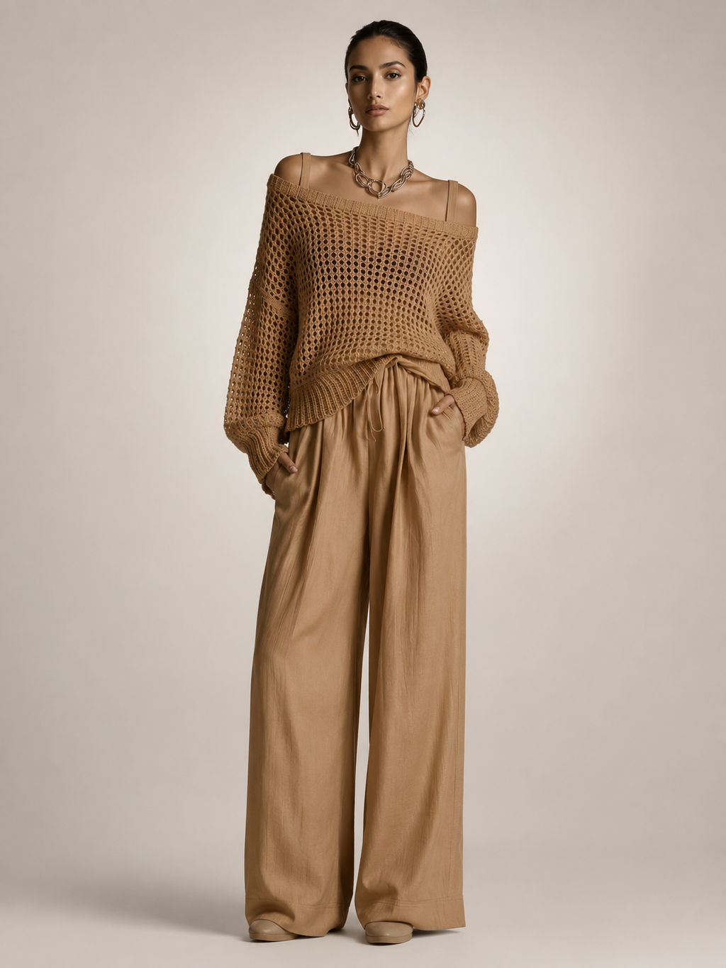 Off-Shoulder Knit Co-Ord Set with Wide-Leg Trousers