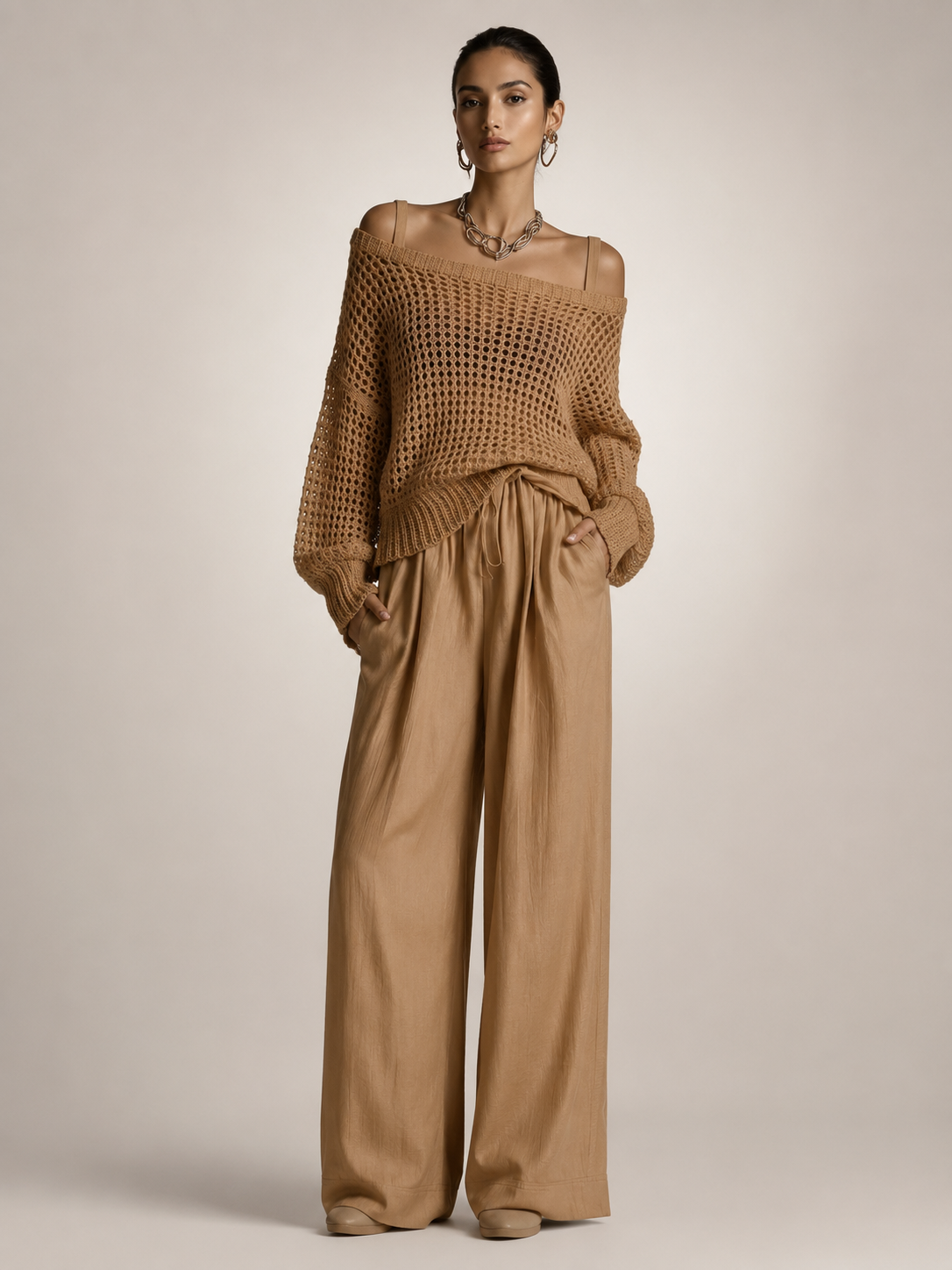 Off-Shoulder Knit Co-Ord Set with Wide-Leg Trousers