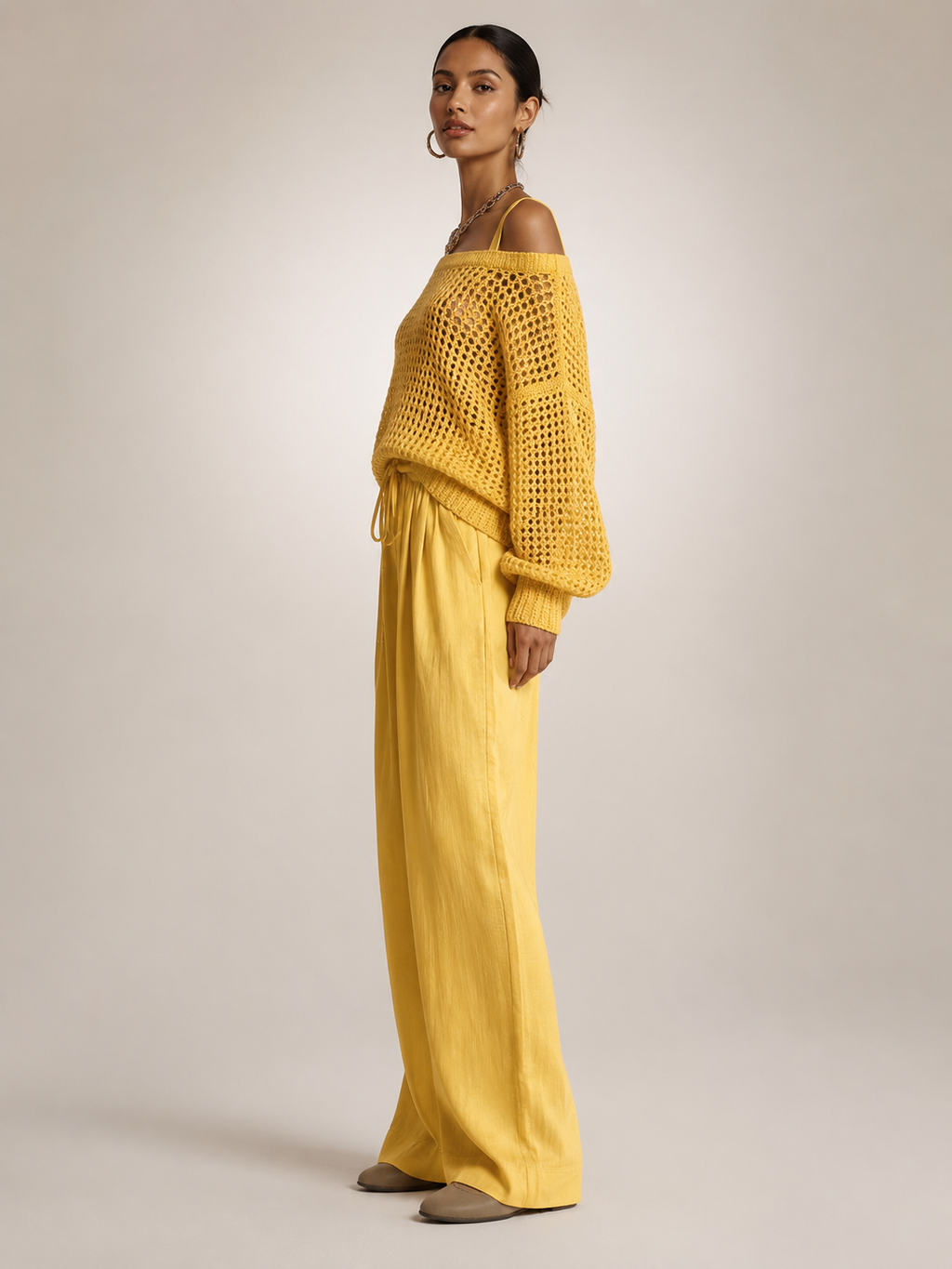 Off-Shoulder Knit Co-Ord Set with Wide-Leg Trousers