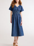 Women's lightweight denim tiered midi dress with elastic waist, front view