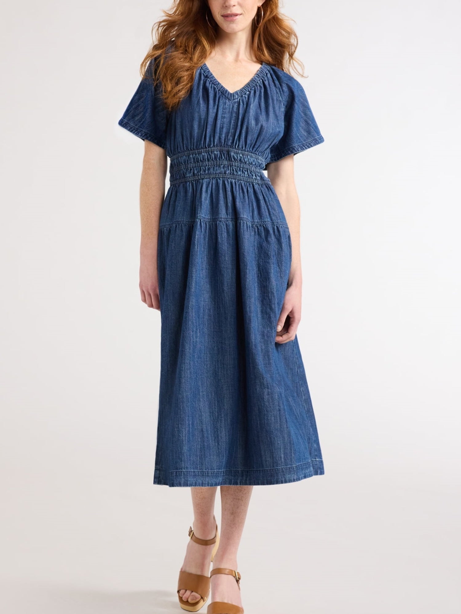 Women's lightweight denim tiered midi dress with elastic waist, front view