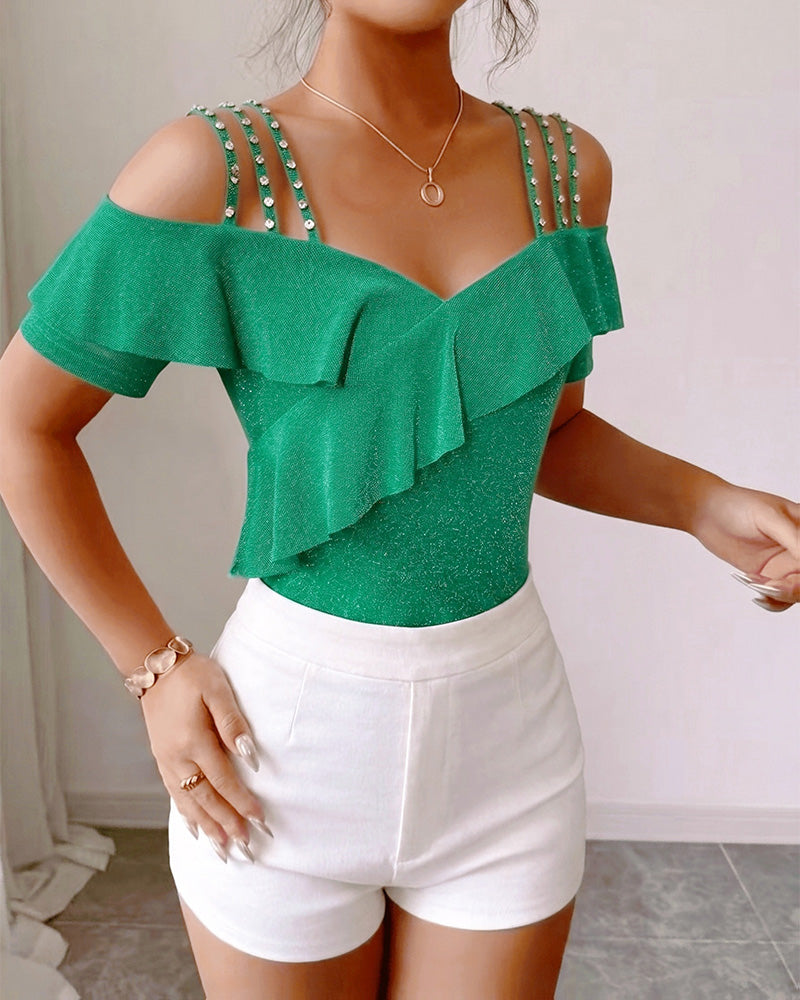 Off shoulder ruffle rhinestone strap short sleeve top, front view
