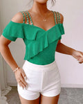 Off shoulder ruffle rhinestone strap short sleeve top, front view