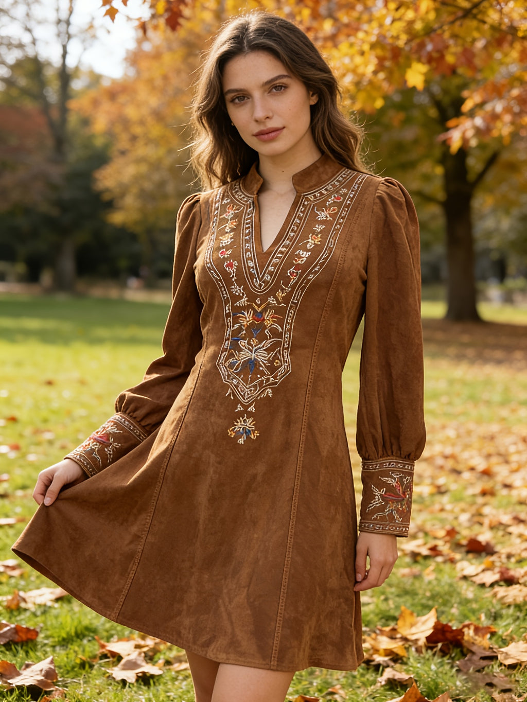 Navy Embroidered Lantern Sleeve Mini Dress