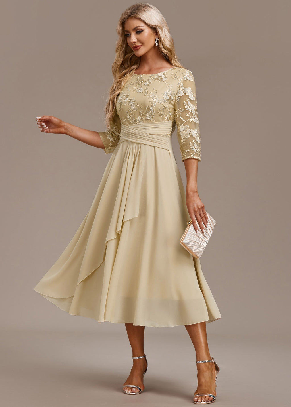 Champagne Gold Floral Chiffon Occasion Dress