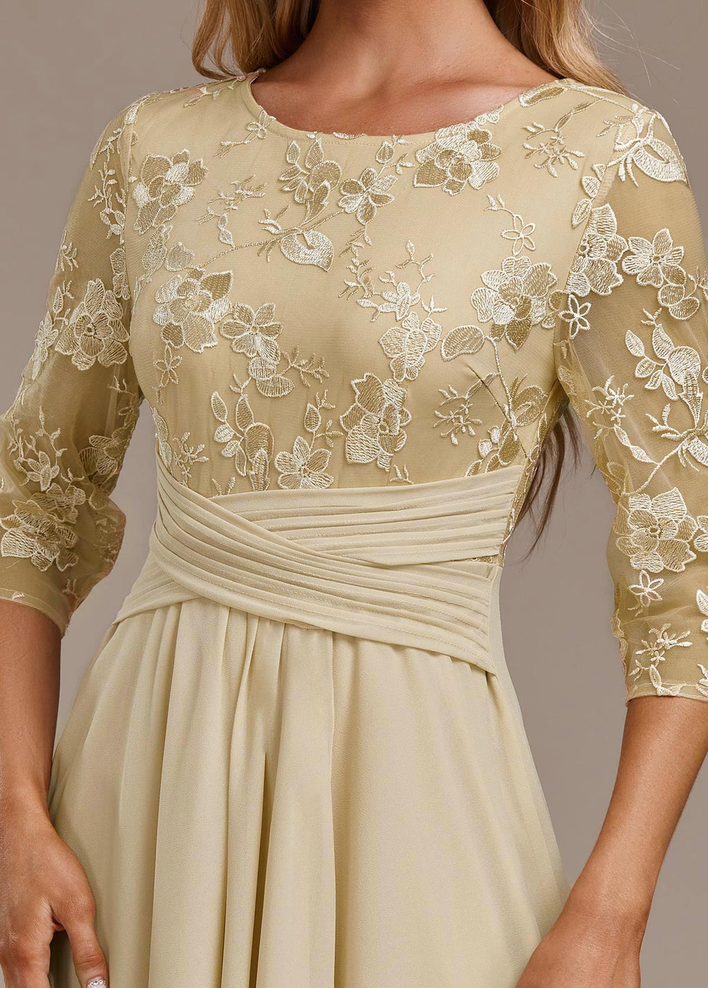 Champagne Gold Floral Chiffon Occasion Dress
