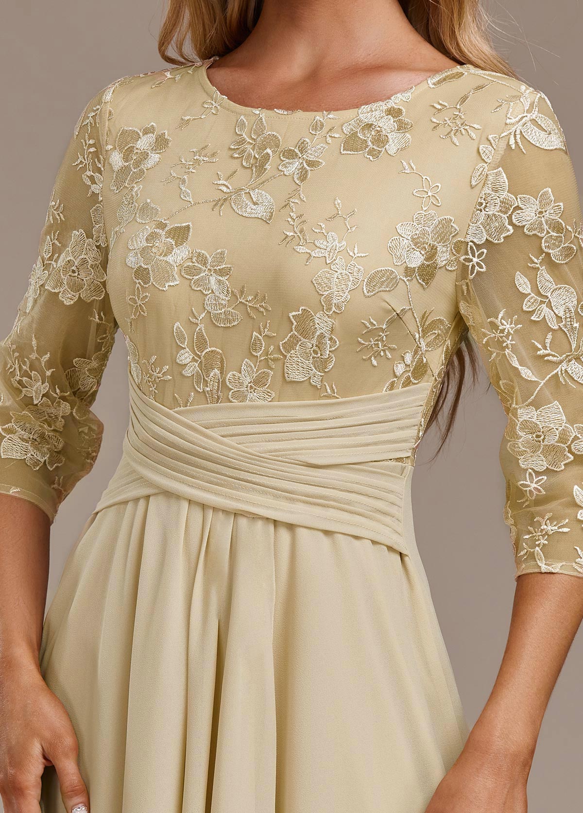 Champagne Gold Floral Chiffon Occasion Dress