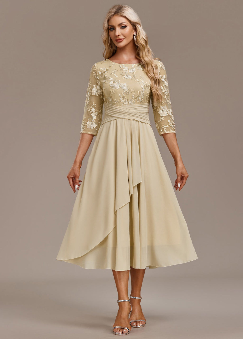 Champagne Gold Floral Chiffon Occasion Dress