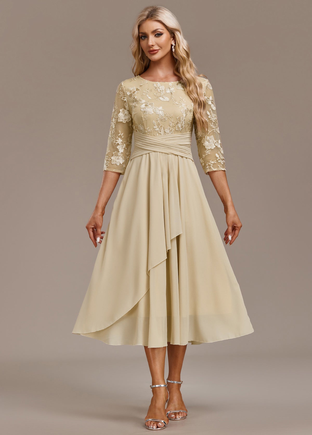 Champagne Gold Floral Chiffon Occasion Dress