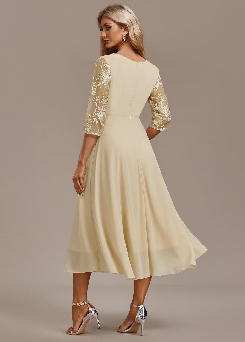 Champagne Gold Floral Chiffon Occasion Dress — worn on model
