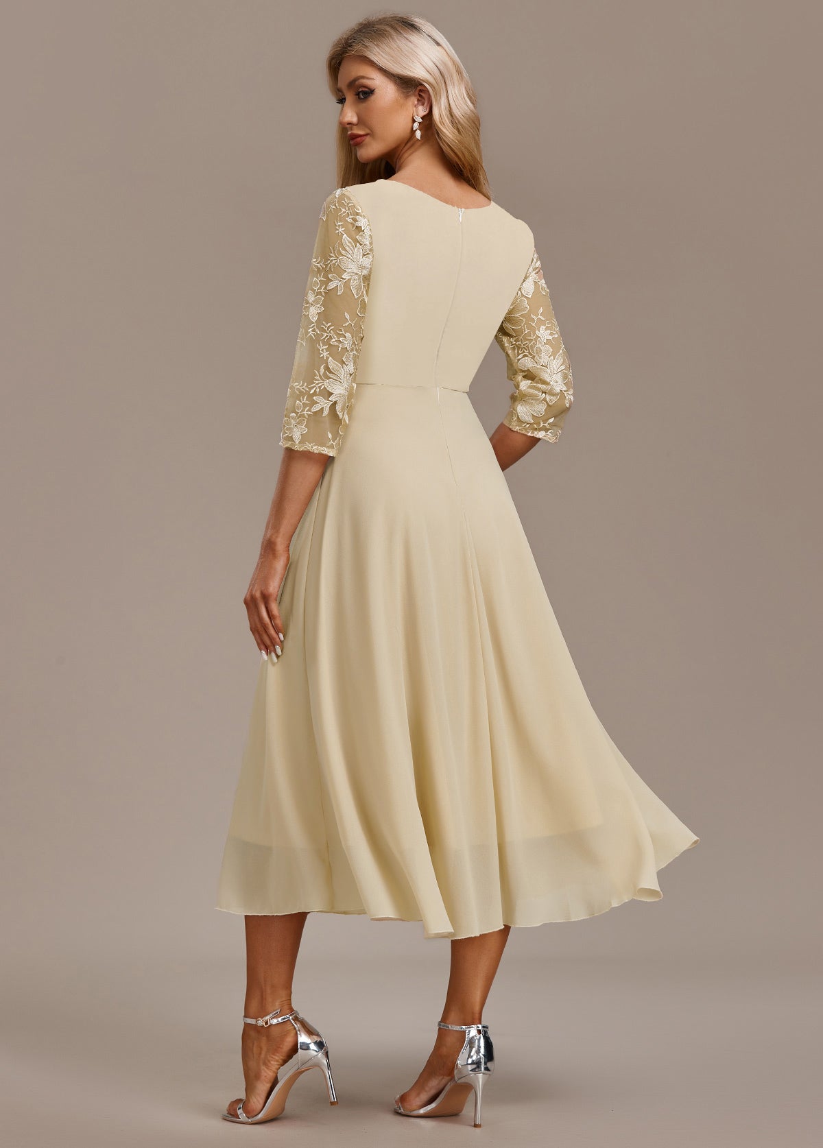 Champagne Gold Floral Chiffon Occasion Dress — worn on model