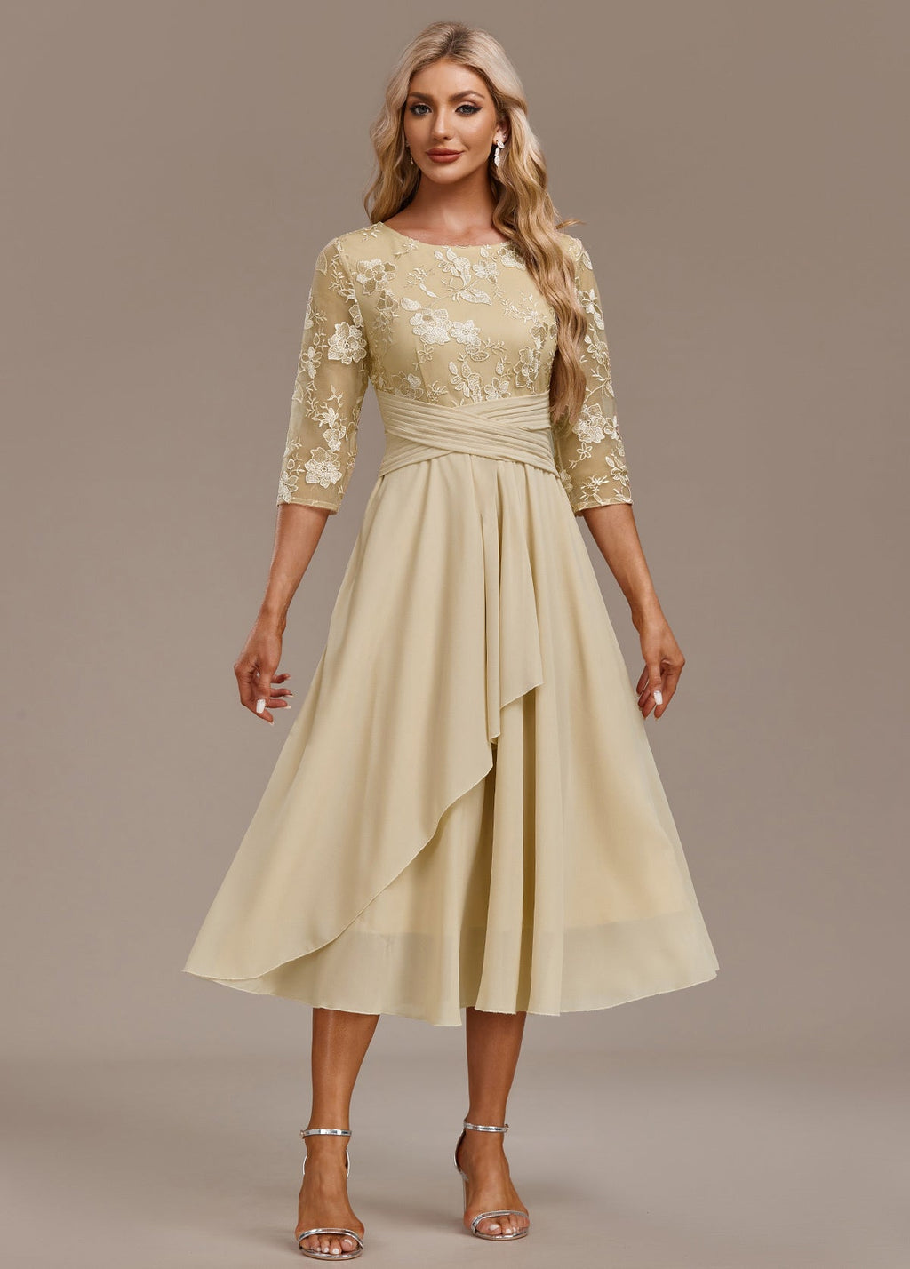 Champagne Gold Floral Chiffon Occasion Dress