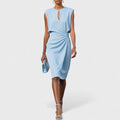 Elegant midi dress with graceful silhouette in sky blue, front view