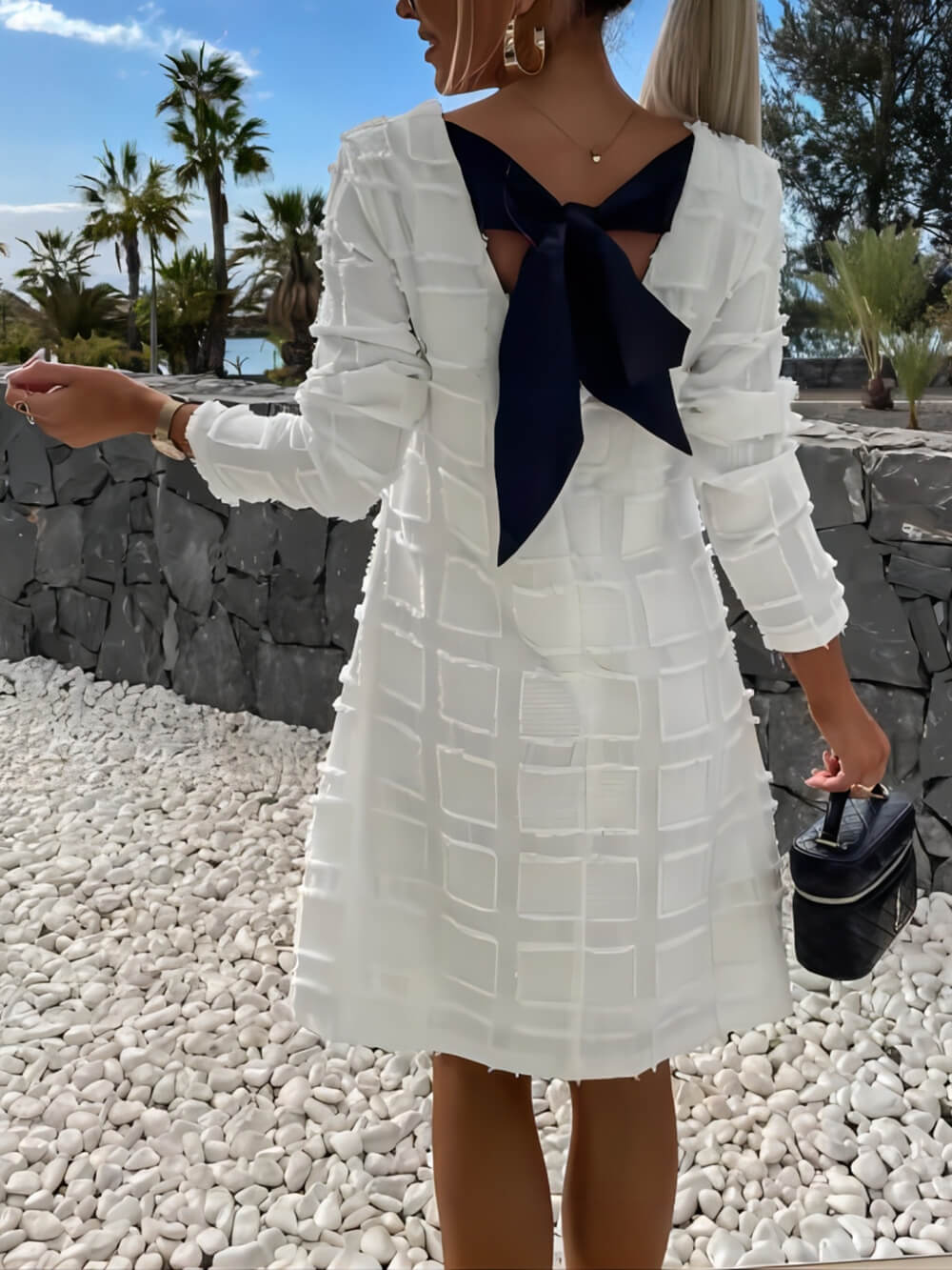 White Bow-Back Long Sleeve A-Line Midi Dress — worn on model