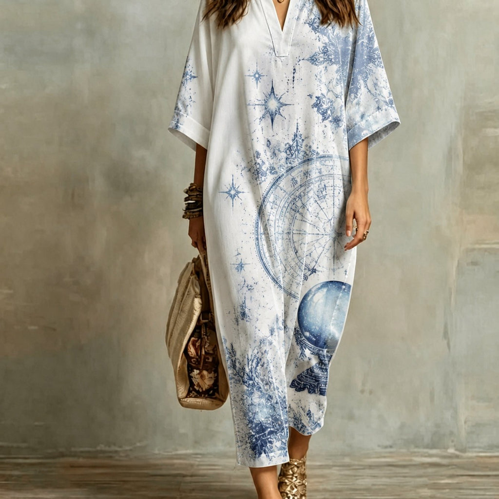 Vintage V-neck mid-sleeve star print maxi dress | Alba Muse