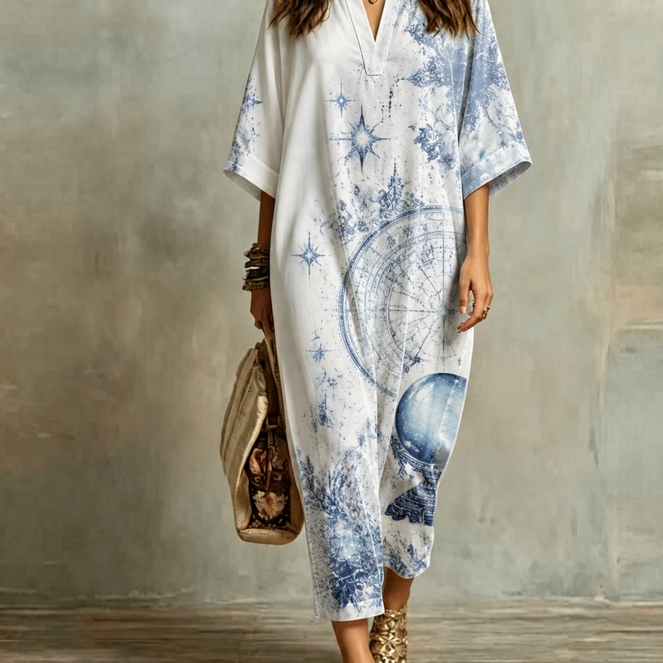 Vintage V-neck mid-sleeve star print maxi dress | Alba Muse