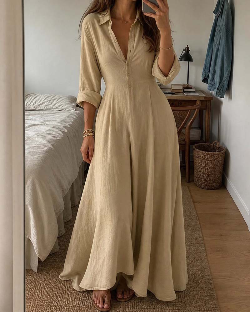 Khaki Shirt Collar Full Skirt Fitted-Waist Shirt Dress