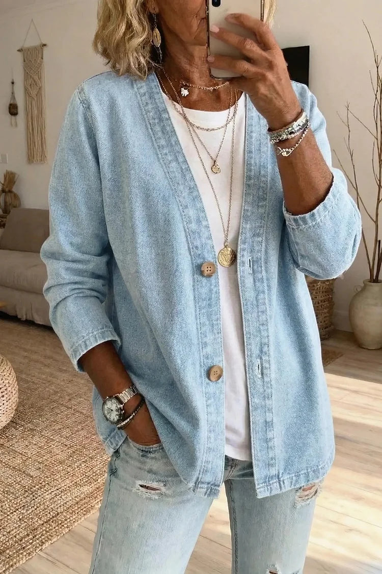 Casual denim cardigan in white, relaxed boho-inspired style | Alba Muse
