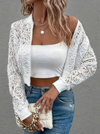 Zip-front lace mesh bomber jacket close-up of embroidery detail