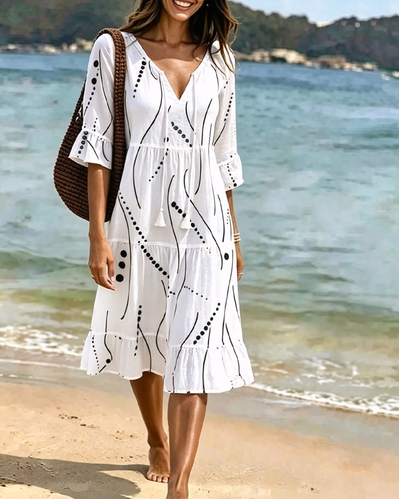 White Polka Dot Flutter Sleeve Tie-Waist Midi Dress — worn on model