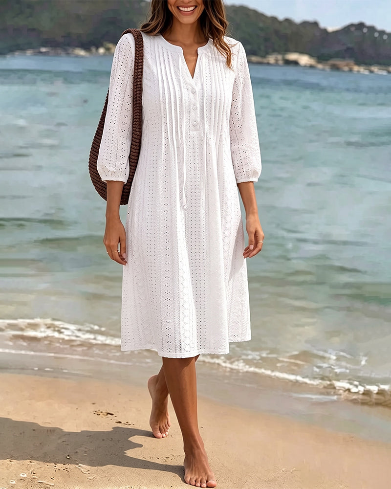 White Solid V-Neck Shirred Cutout Midi Dress