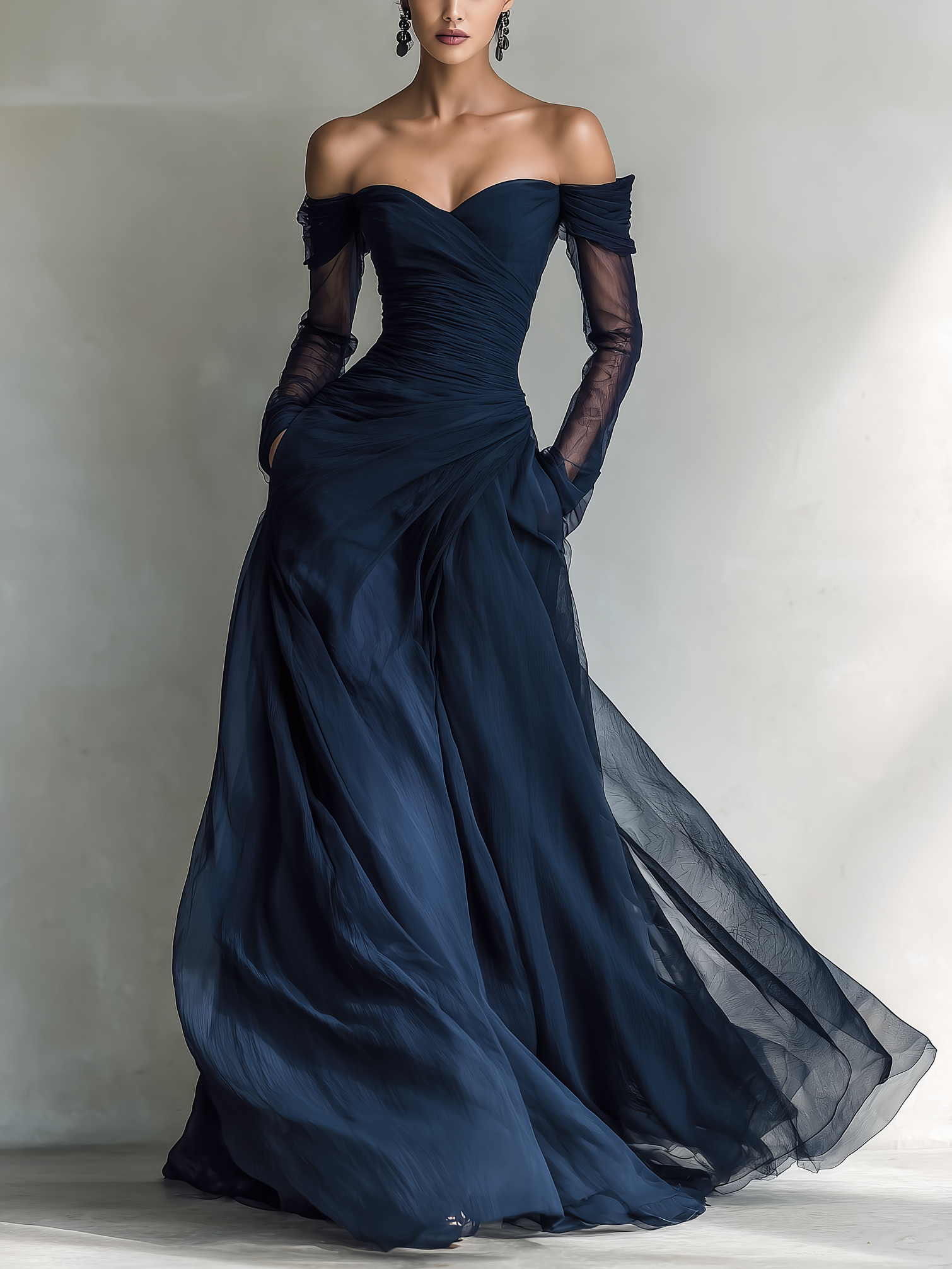 Dark blue off-shoulder chiffon evening dress with long sleeves, front view
