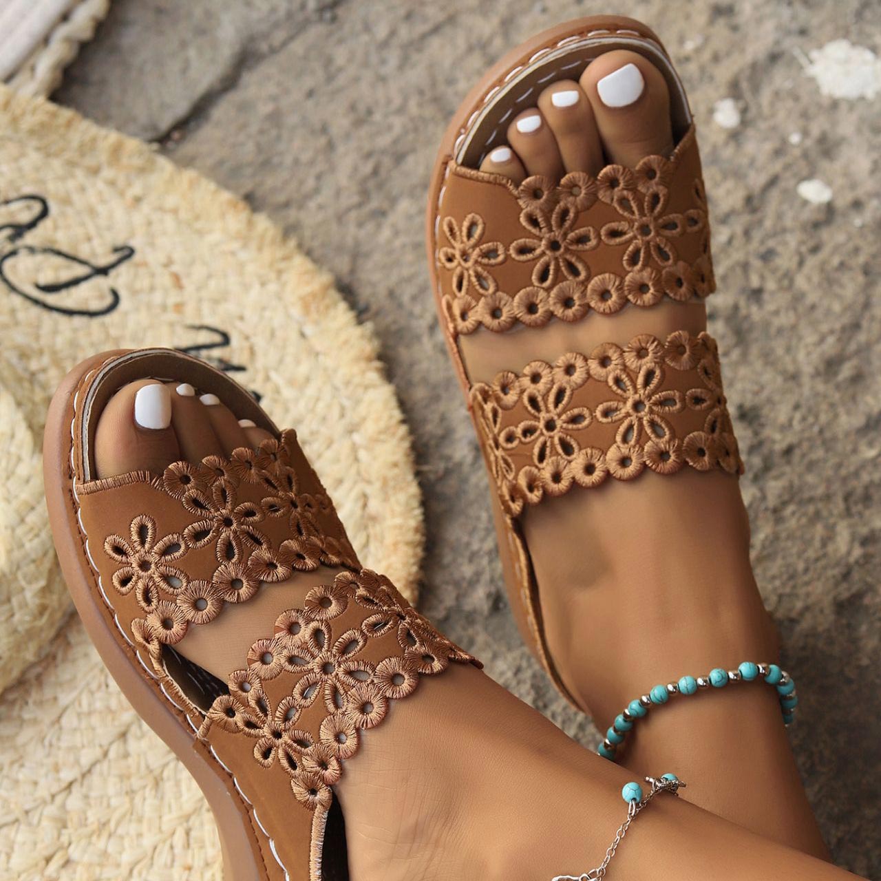 Dark Camel Peep Toe Low Heel Sliders