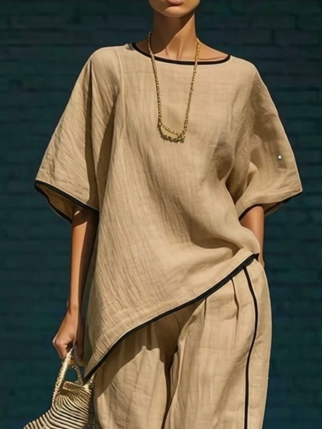 Contrast Trim Round Neck Top & Trousers Co-ord Set