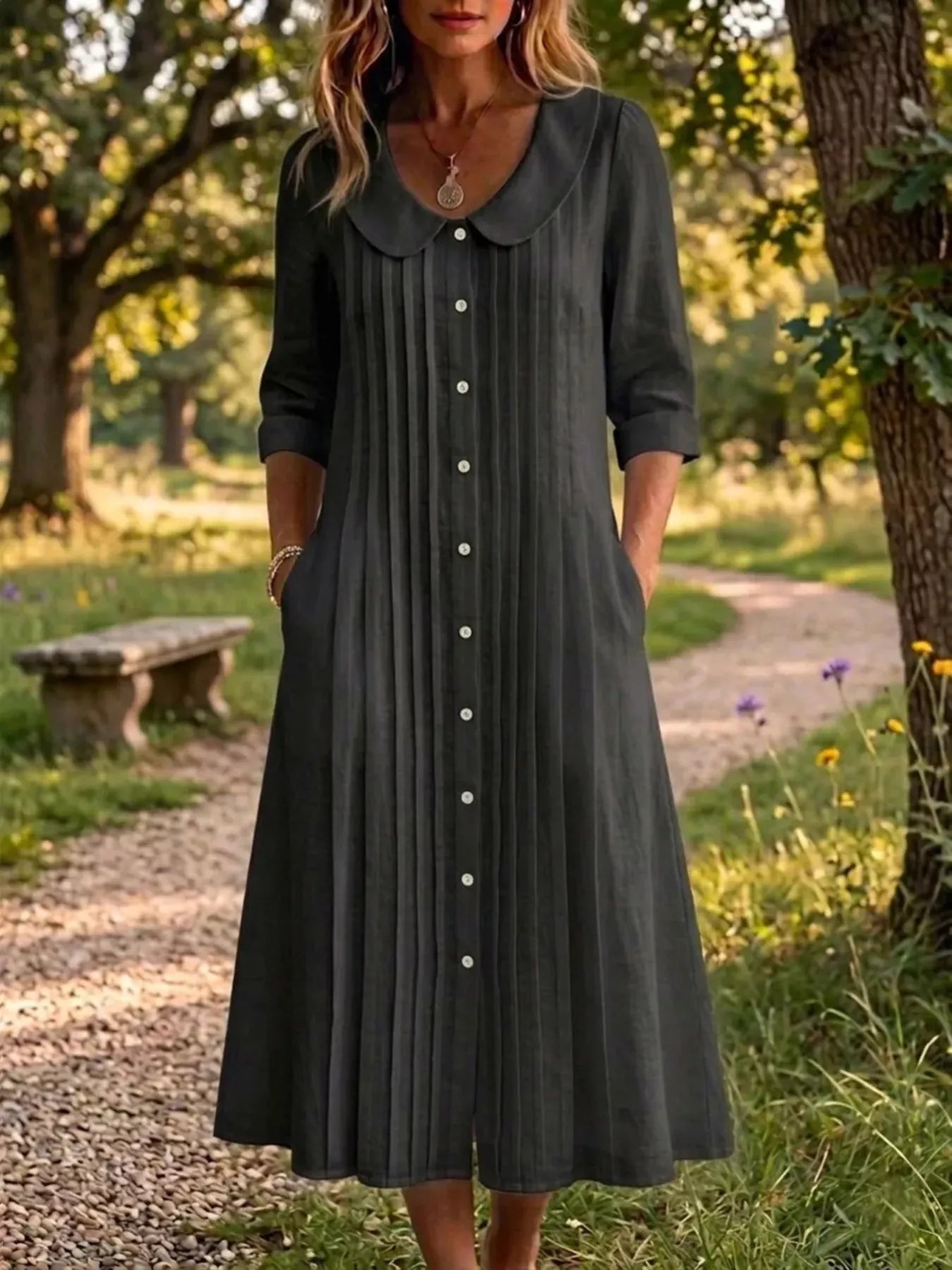 Peter Pan Collar Plus Size Shirt Dress with Button-Down Front