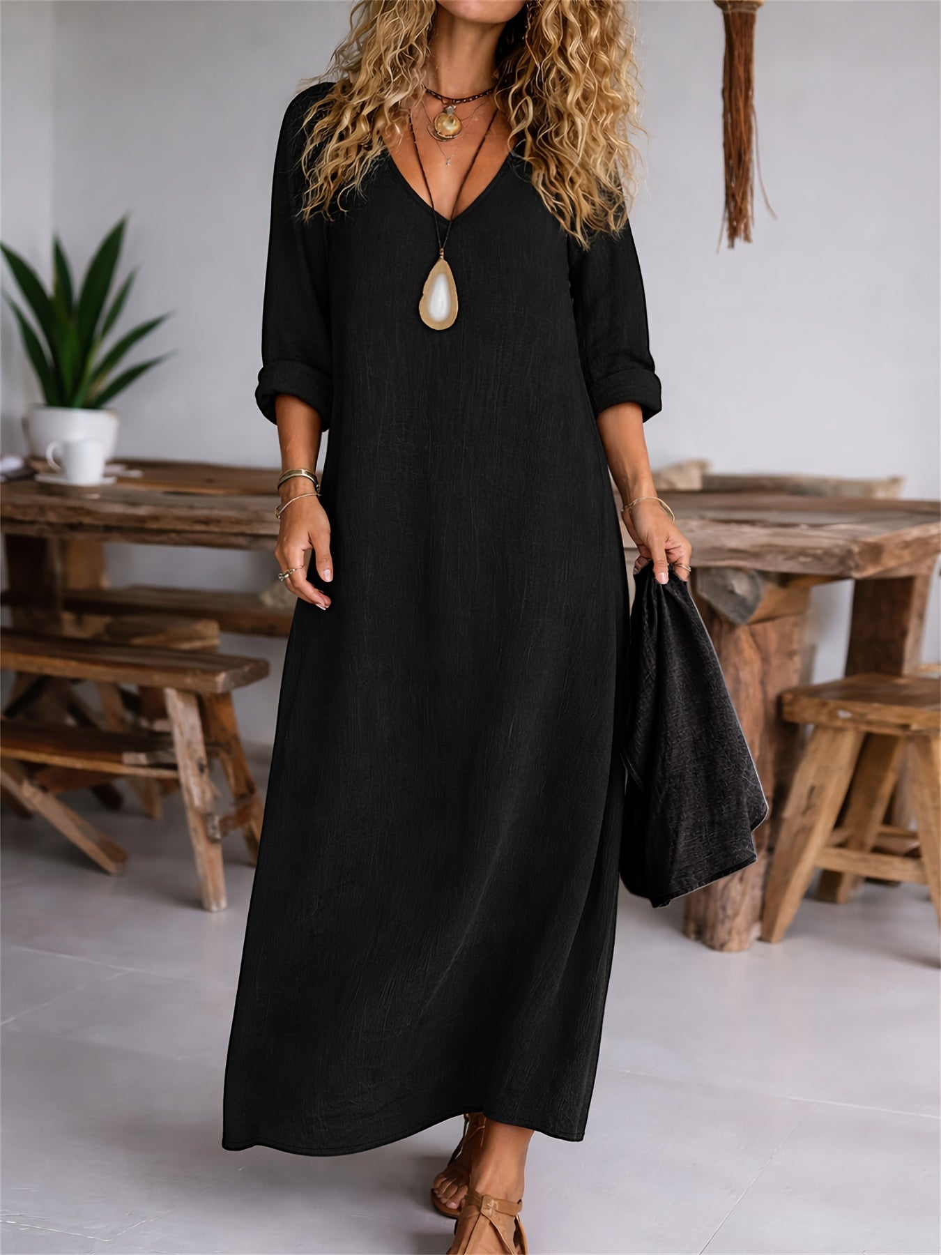 V-neck long sleeve loose linen maxi dress | Alba Muse