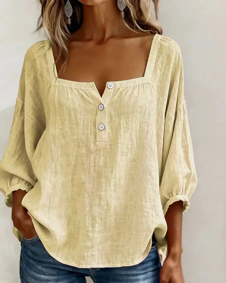 Boho shirt in blue, styled open as a casual summer layer | Alba Muse