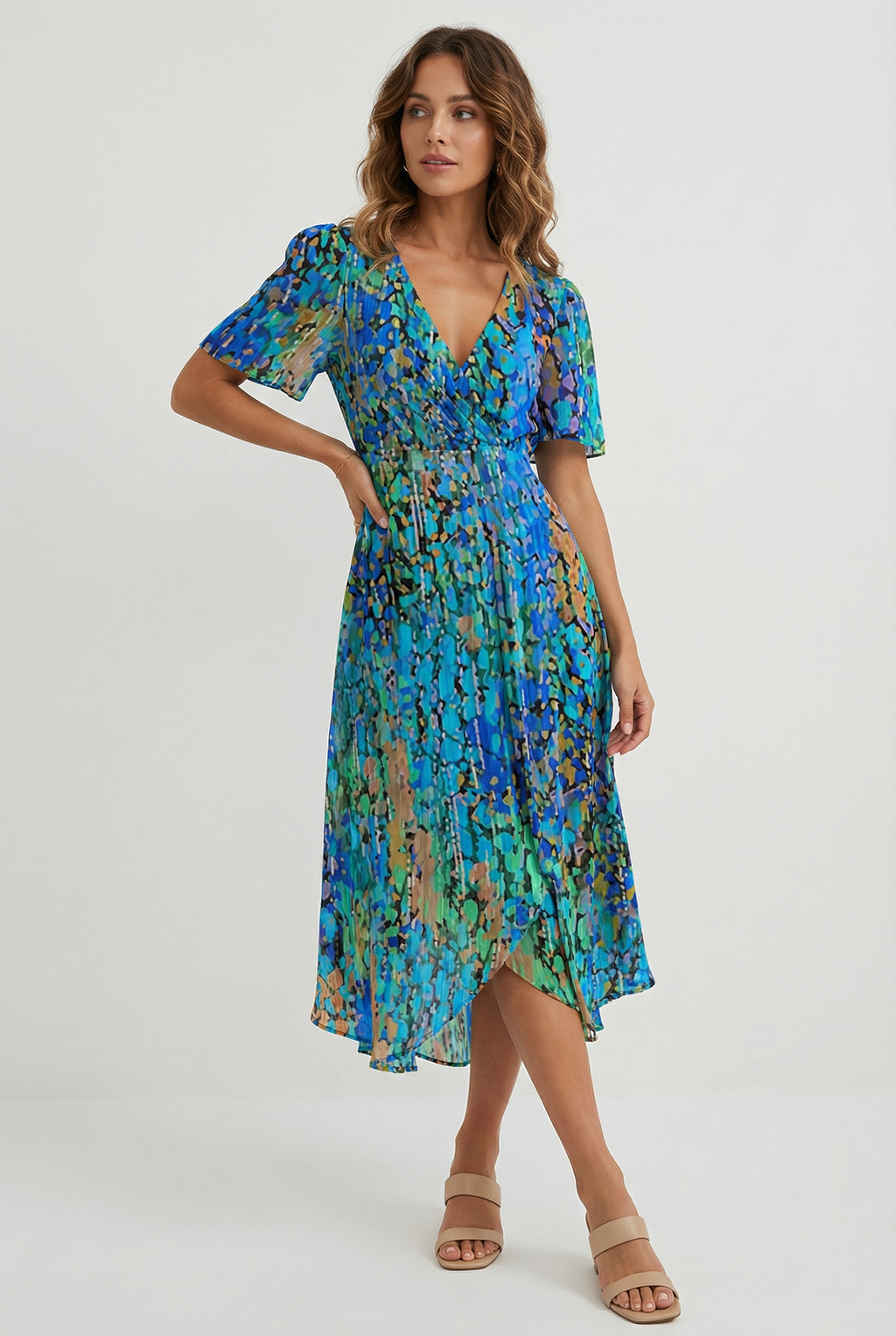 Women's linen midi dress, side view showing flowing drape