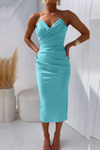 Women's vibrant strapless wedding guest dress, three-quarter view