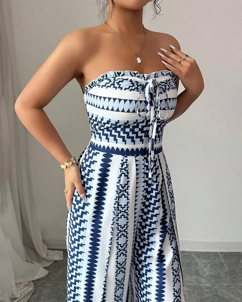 Bandeau wide-leg geometric print jumpsuit, back view