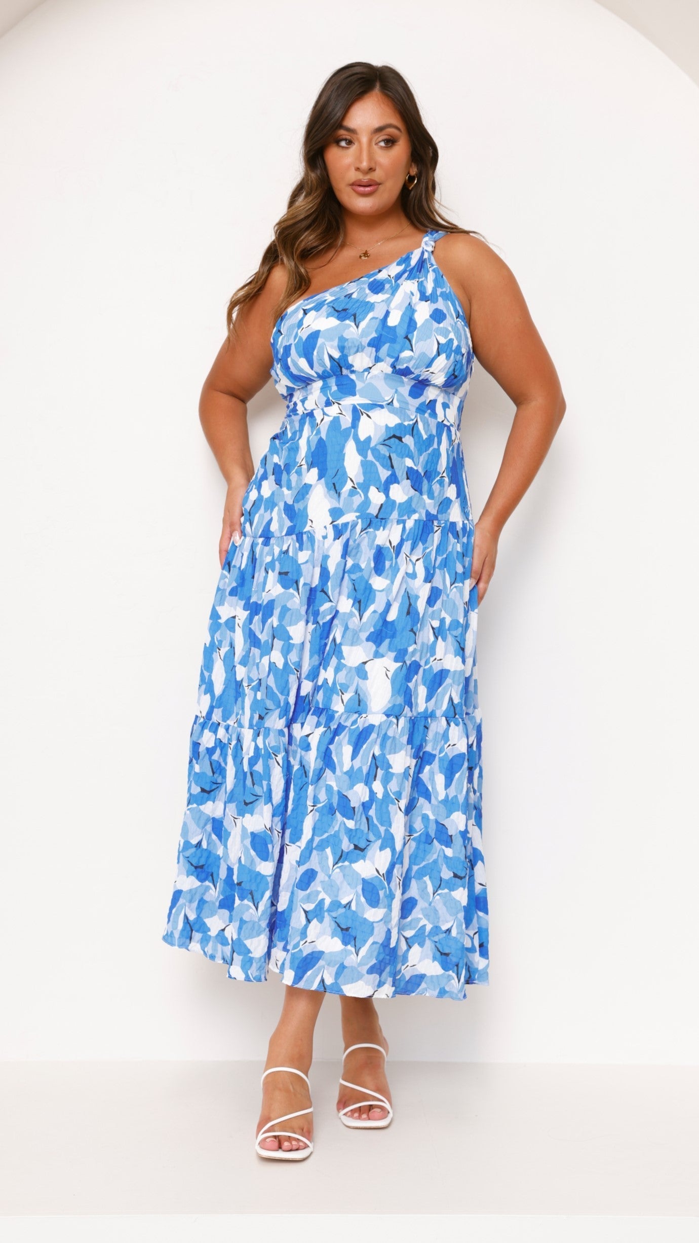 Floral one-shoulder wedding guest maxi dress, styled on model