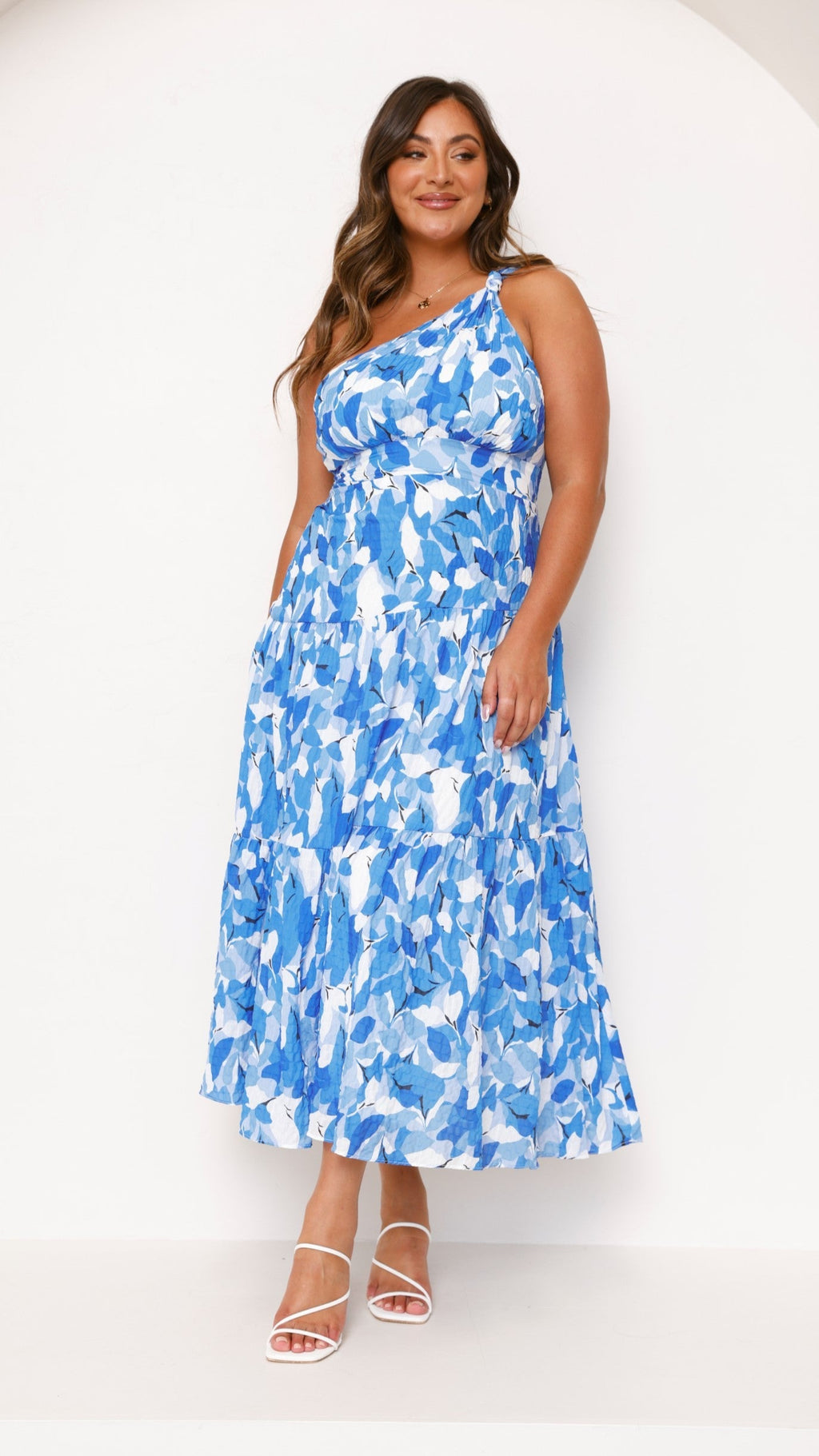 One-shoulder floral maxi dress, outdoor styled view