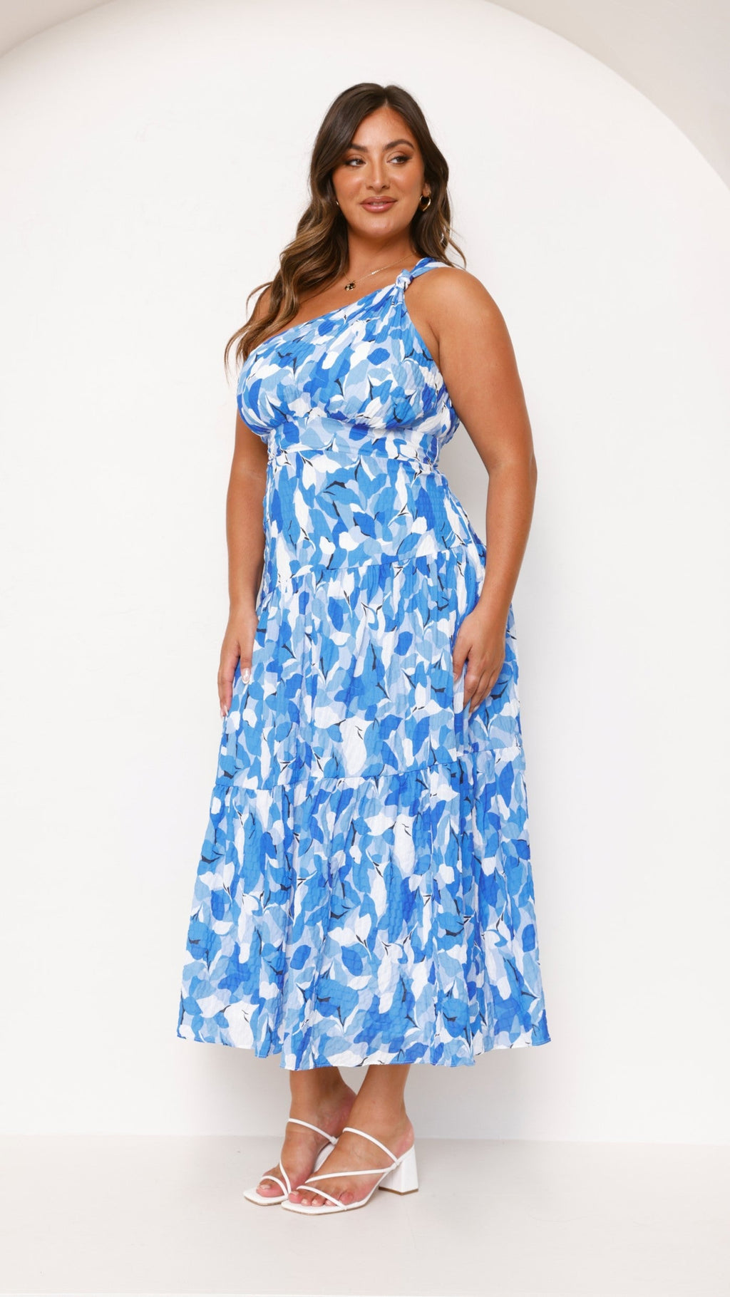 Floral one-shoulder wedding guest maxi dress, close-up detail