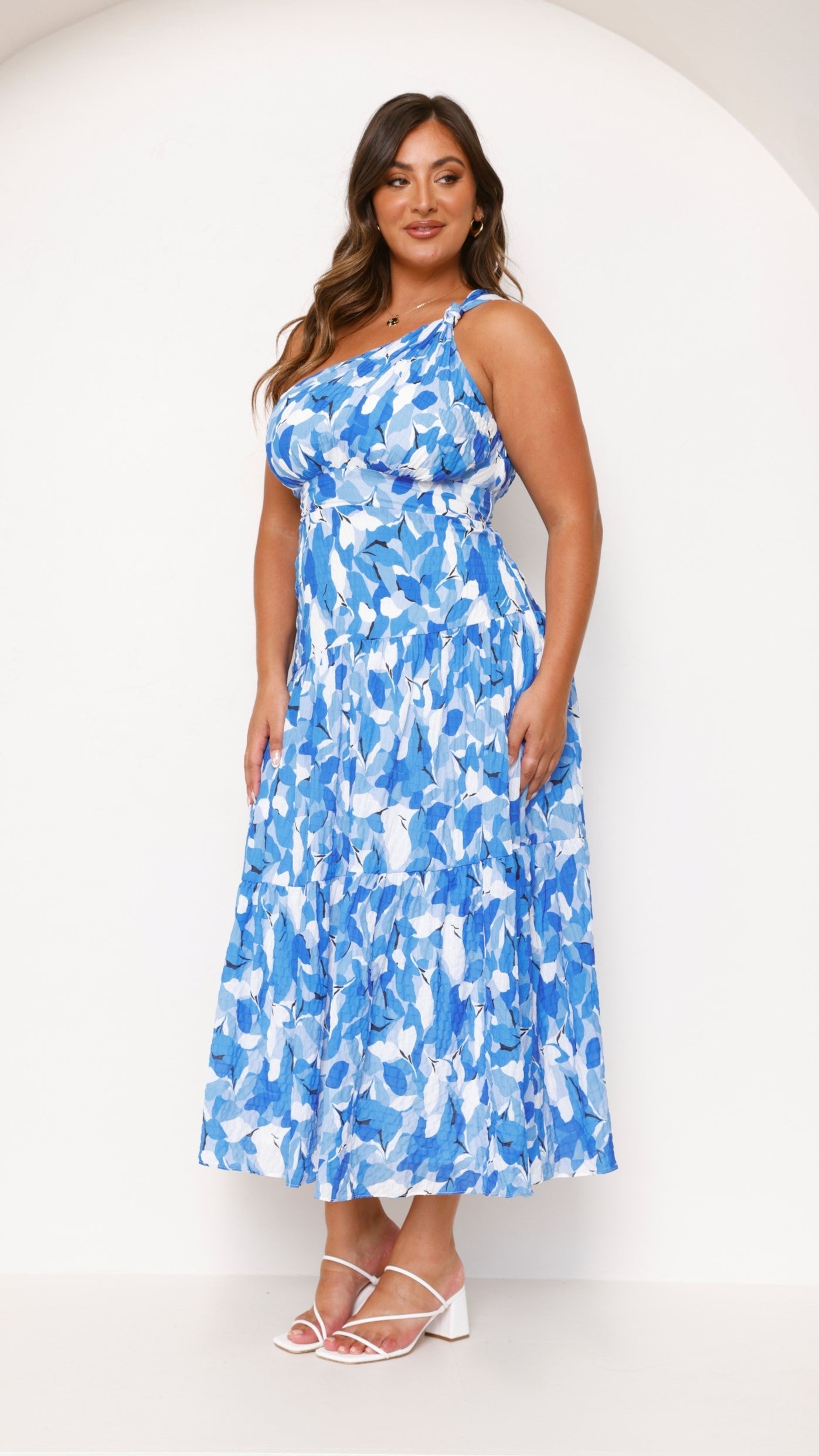 Floral one-shoulder wedding guest maxi dress, close-up detail