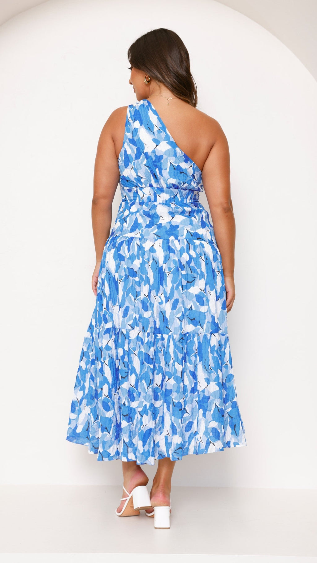 Floral one-shoulder maxi dress, back view