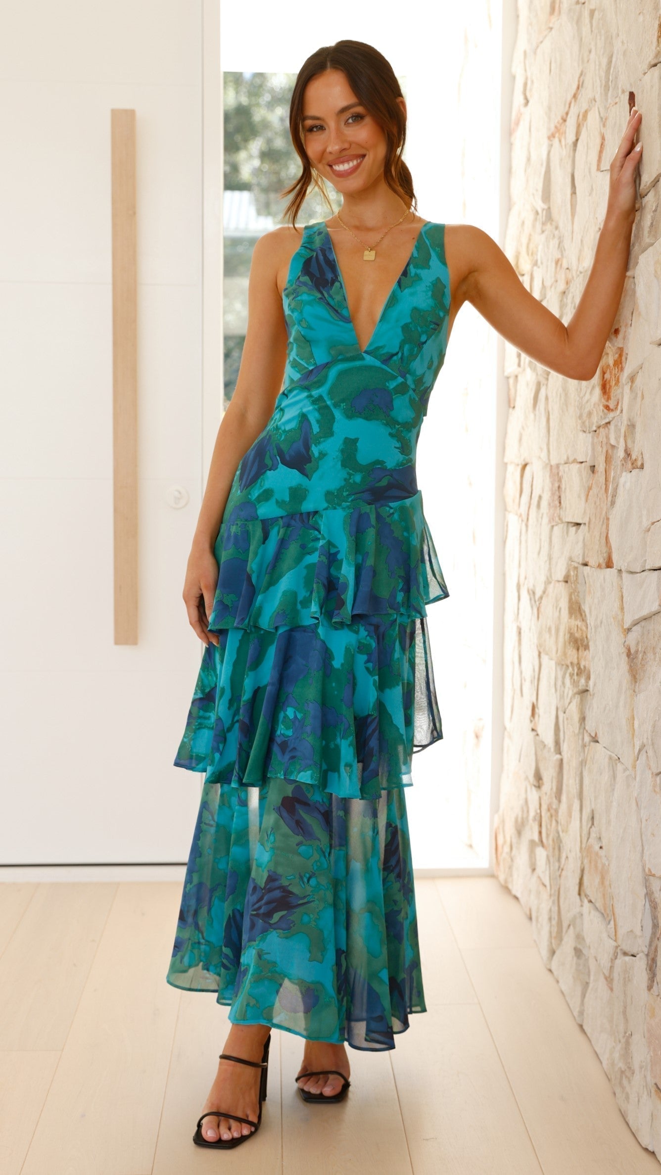 Women's Sleeveless V-Neck Layered Maxi Dress side view - Elegant Wedding Guest Maxi Dress