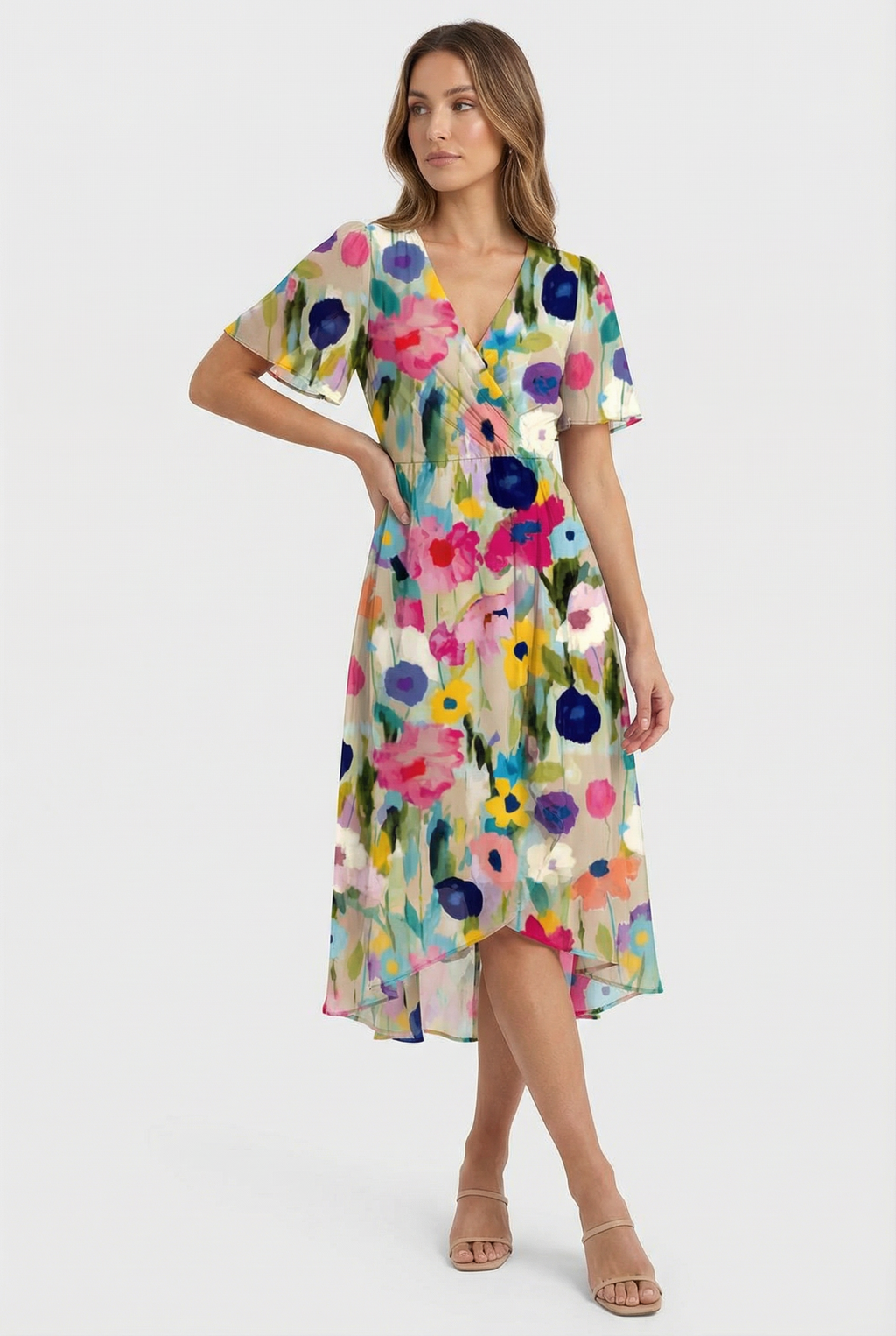 Women's elegant floral linen dress styled for a garden party