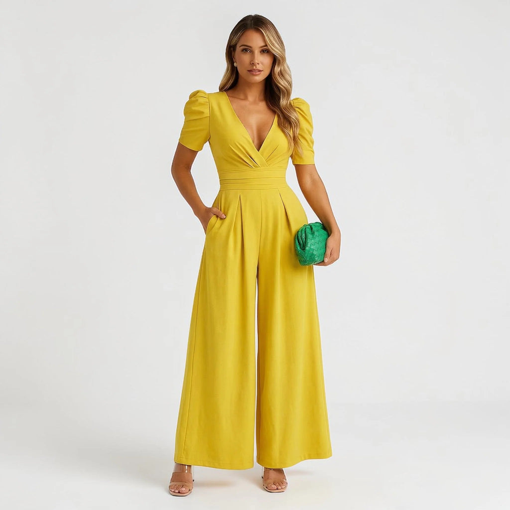 Women's yellow wide leg puff sleeve jumpsuit – summer occasion style