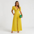 Women's yellow wide leg puff sleeve jumpsuit – summer occasion style