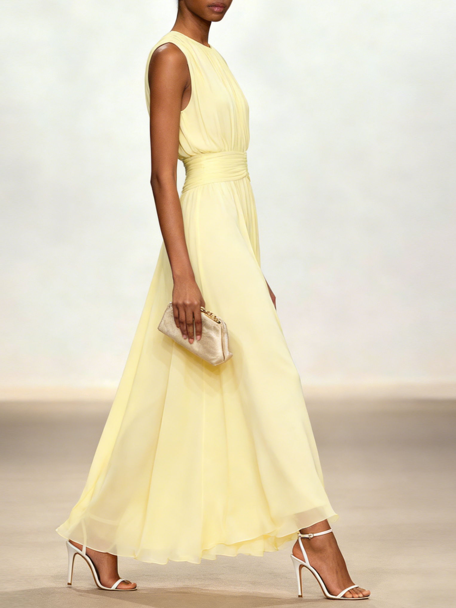 Women's chiffon A-line maxi dress in sage green, full length view