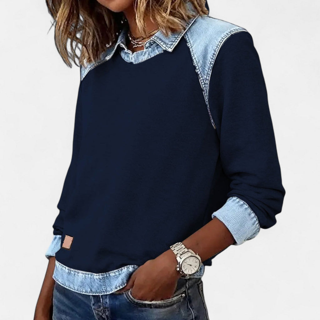 Navy knit jumper with clean lines and polished collar detail | Alba Muse