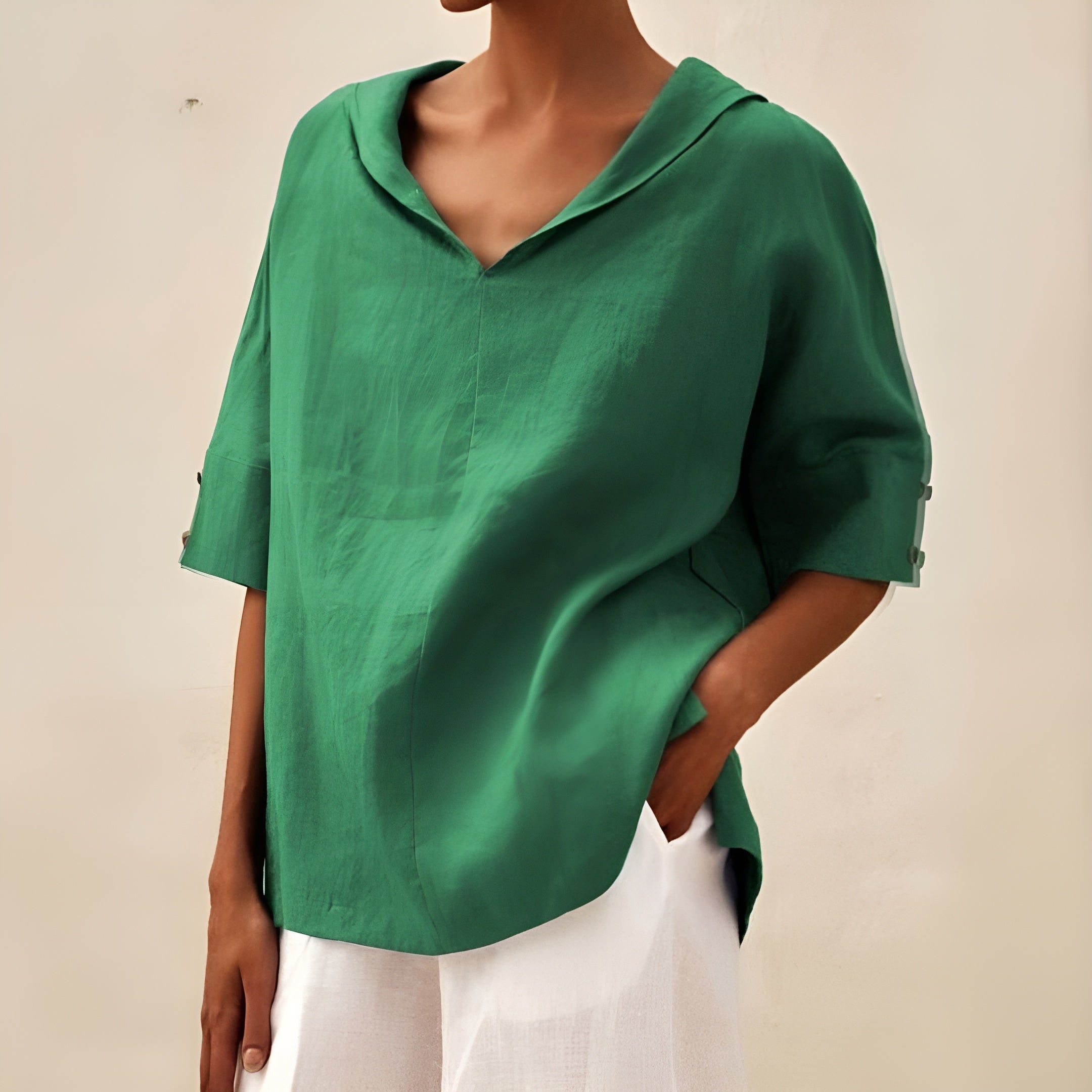 Relaxed drape casual blouse in green, front view