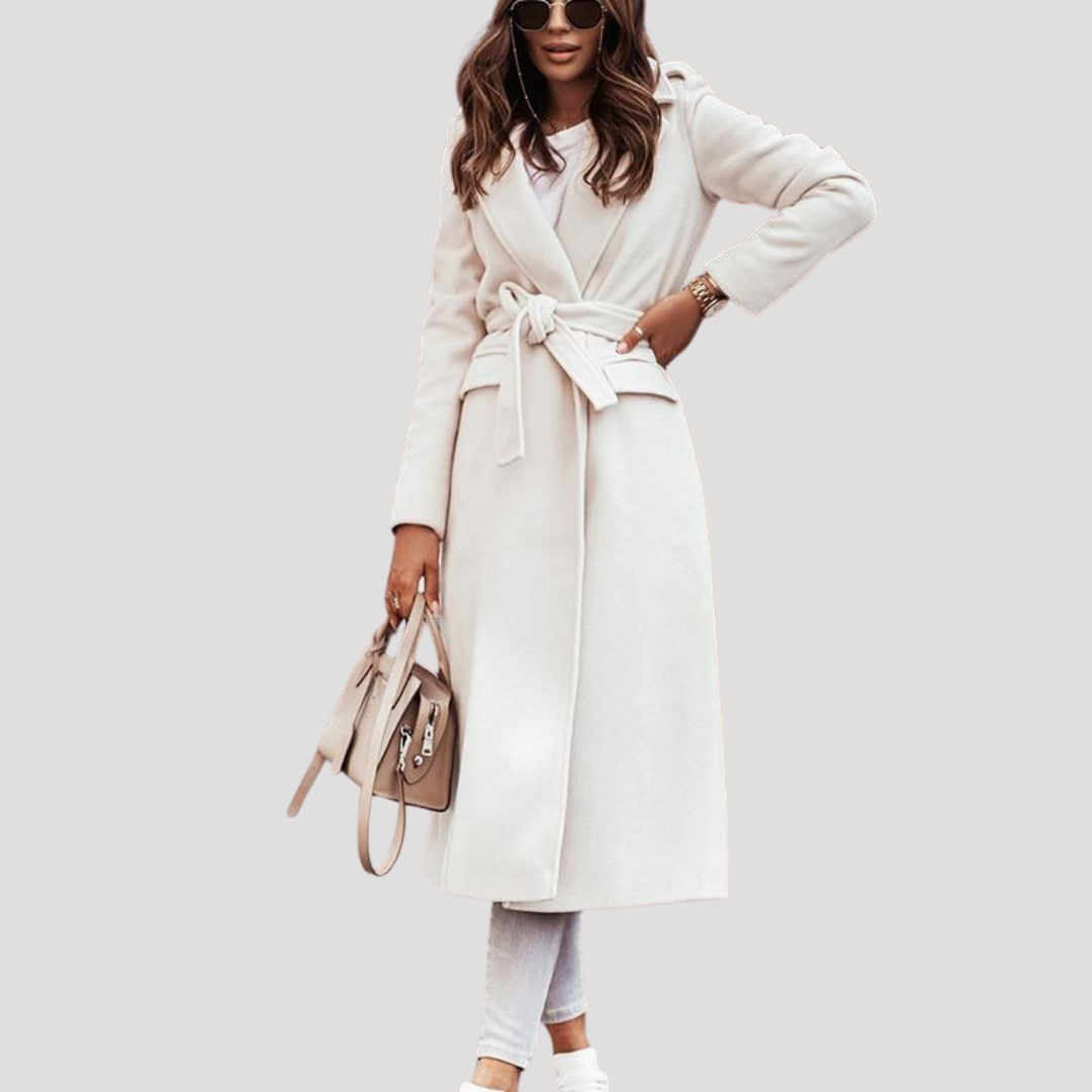 Longline tie belt coat with a clean timeless design